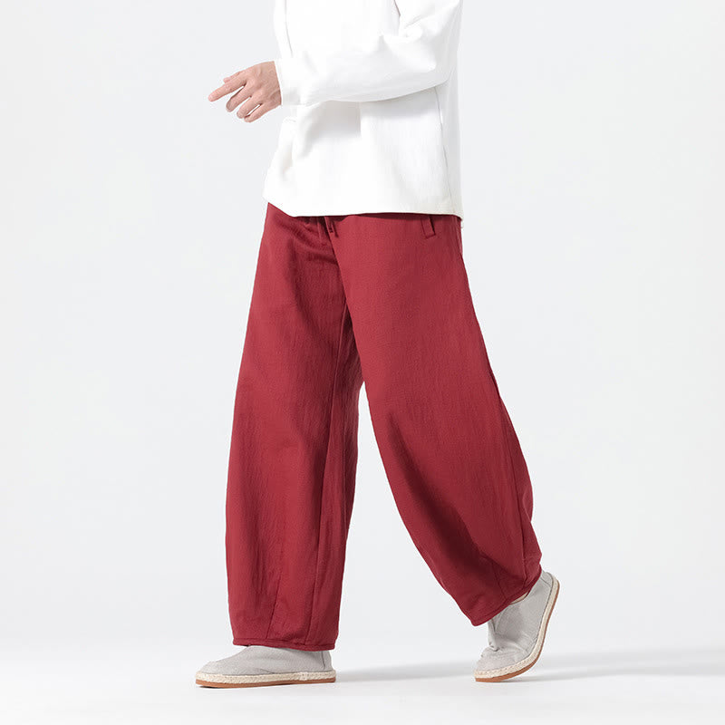 Buddha Stones Daily Drawstring Chinese Zen Style Men's Wide Leg Pure Cotton Pants With Pockets - image 14