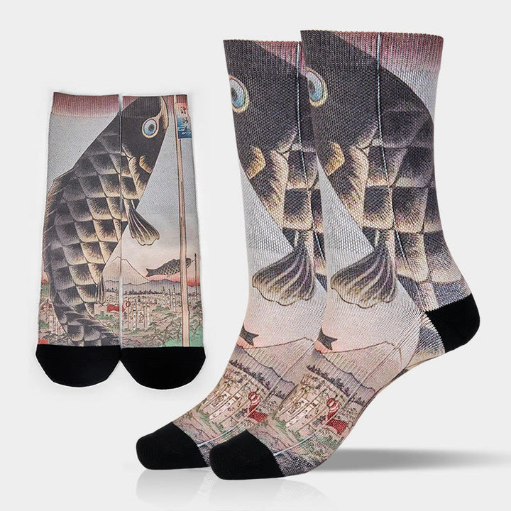 Buddha Stones Casual Koi Fish Mount Fuji Micro Crew Men Women Unisex Socks - LightGrey - M-L(US 8-12,EU 41-45,UK/AU 7.5-11.5,AISA 25.5-28.5cm) - image 0