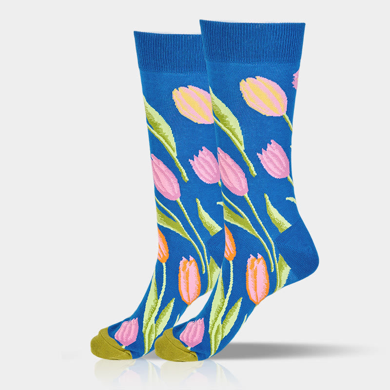 Buddha Stones Mediumblue Tulip Pattern Men Women Unisex Cotton Crew Socks - image 6