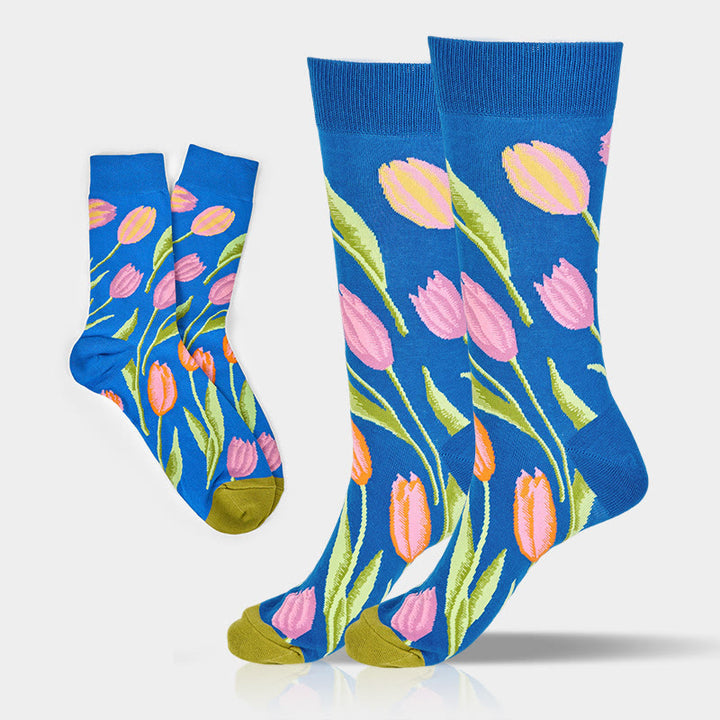 Buddha Stones Mediumblue Tulip Pattern Men Women Unisex Cotton Crew Socks - Tulip - One Size Fits Most (US8–12.5,EU41-46,UK/AU7.5-12,Asia25.5-31cm) - image 0