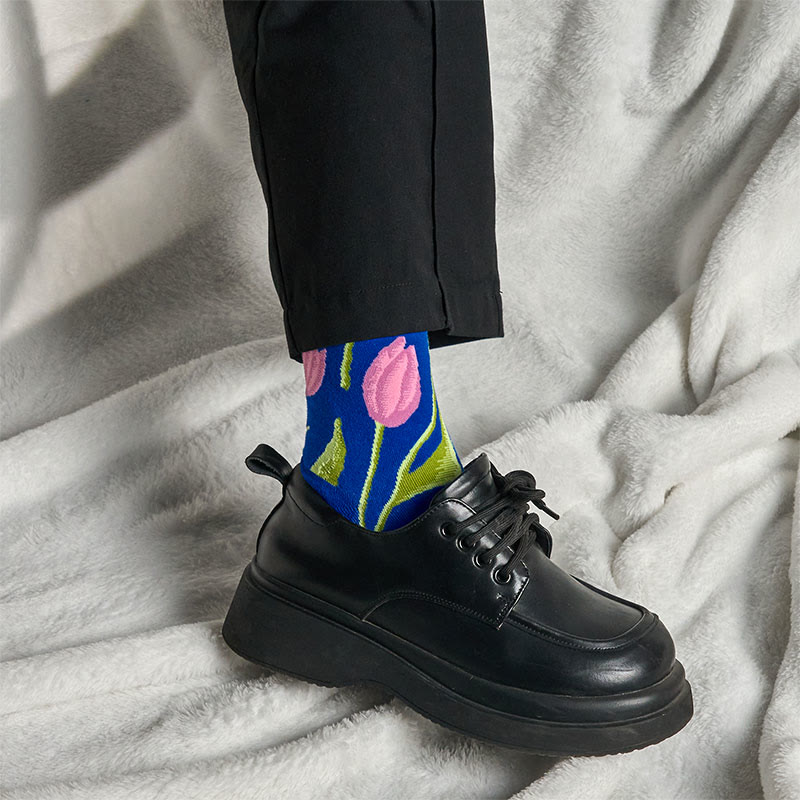 Buddha Stones Mediumblue Tulip Pattern Men Women Unisex Cotton Crew Socks - image 3