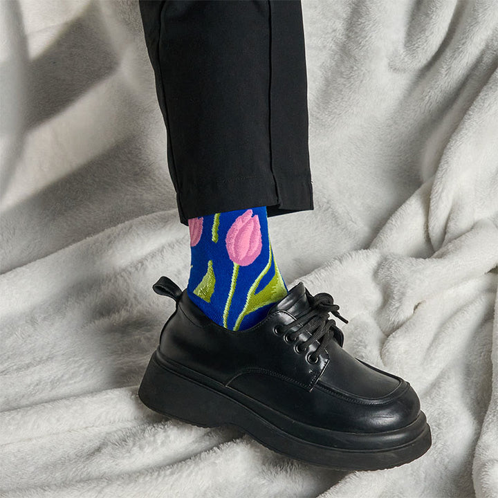 Buddha Stones Mediumblue Tulip Pattern Men Women Unisex Cotton Crew Socks - image 3