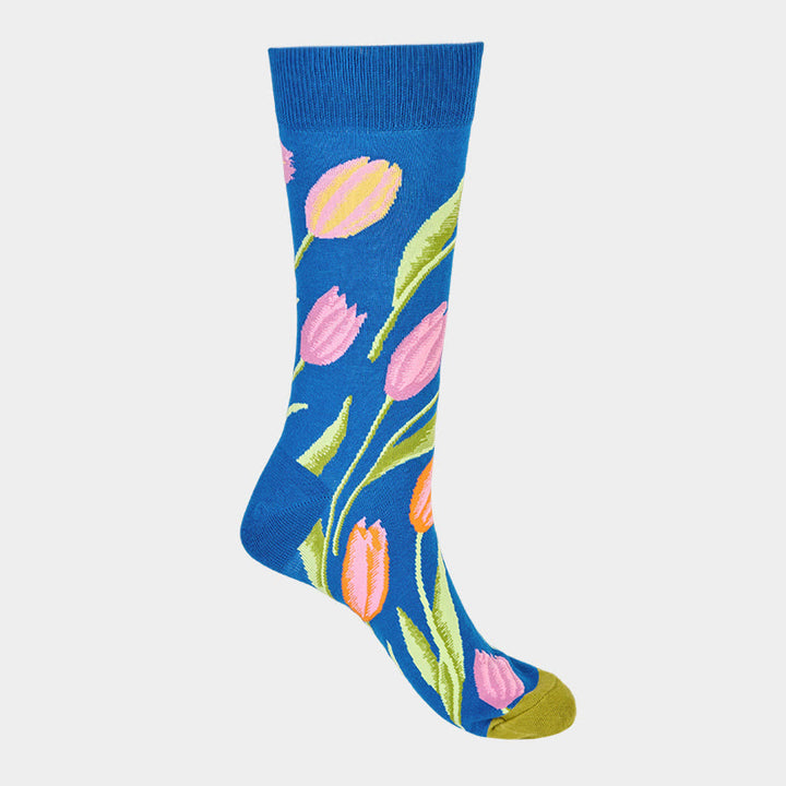 Buddha Stones Mediumblue Tulip Pattern Men Women Unisex Cotton Crew Socks - image 4