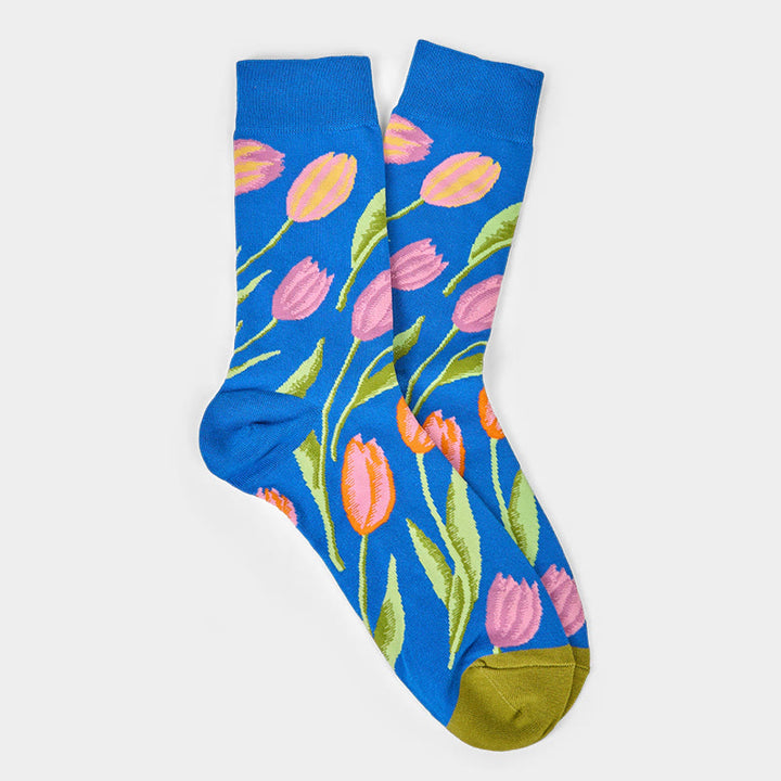 Buddha Stones Mediumblue Tulip Pattern Men Women Unisex Cotton Crew Socks - image 5