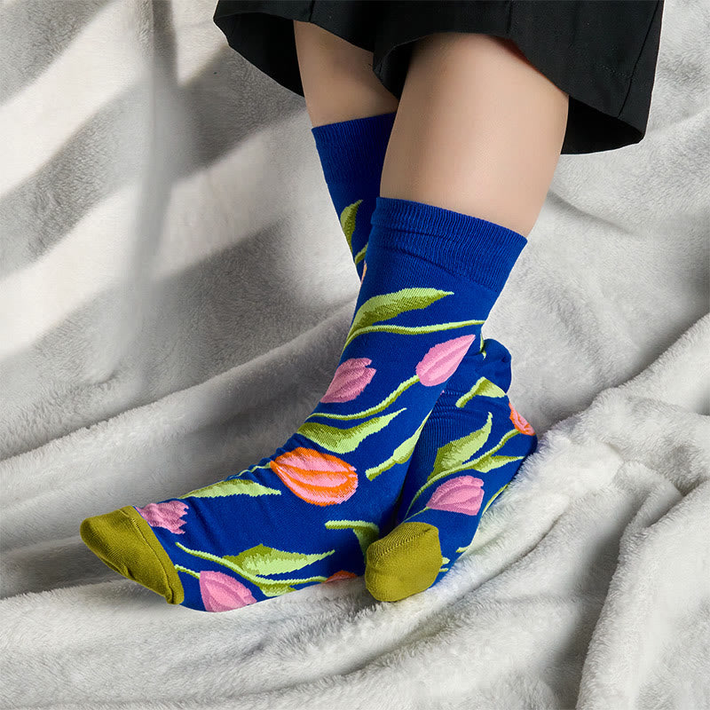 Buddha Stones Mediumblue Tulip Pattern Men Women Unisex Cotton Crew Socks - image 2