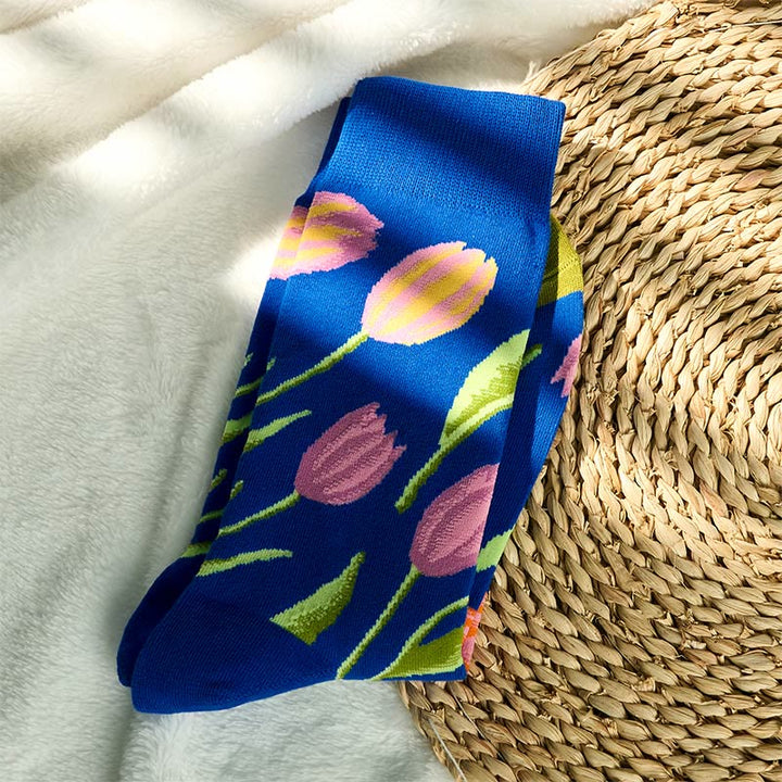 Buddha Stones Mediumblue Tulip Pattern Men Women Unisex Cotton Crew Socks - image 1
