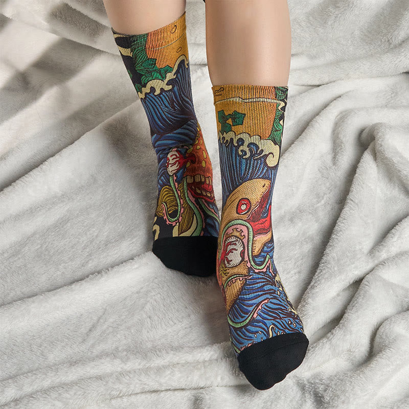 Buddha Stones Casual Vivid Fish Flowing Waves Micro Crew Men Women Unisex Socks - image 5