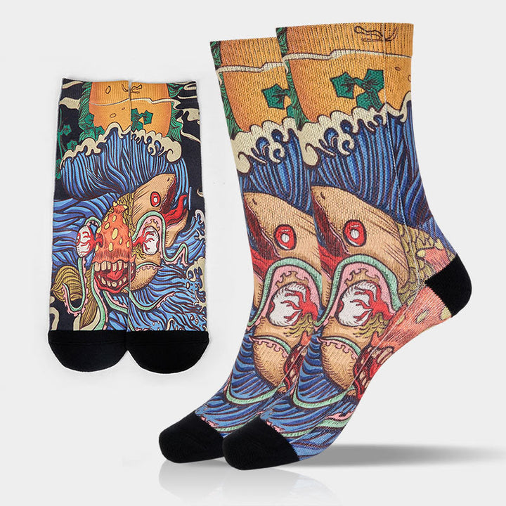Buddha Stones Casual Vivid Fish Flowing Waves Micro Crew Men Women Unisex Socks - SteelBlue - M-L(US 8-12,EU 41-45,UK/AU 7.5-11.5,AISA 25.5-28.5cm) - image 0
