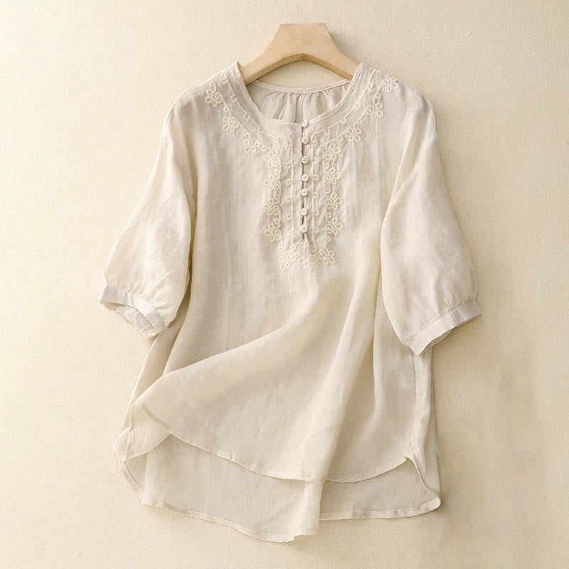 Buddha Stones Casual Women's Plain Frog Buckle Design Half Sleeve Shirt - Ivory - US8-10,UK/AU12-14,EU40-42 (2XL) - image 7