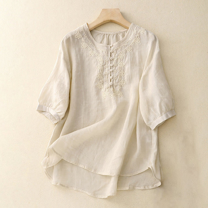 Buddha Stones Casual Women's Plain Frog Buckle Design Half Sleeve Shirt - Ivory - US8-10,UK/AU12-14,EU40-42 (2XL) - image 7