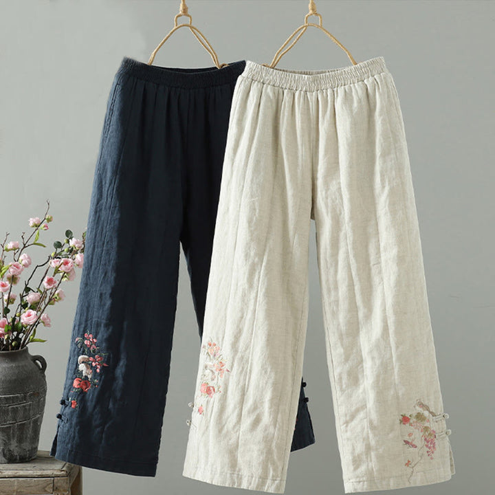 Buddha Stones Embroidered Frog Button Cotton Padded Women's Wide Leg Pants With Pockets - MidnightBlue - US8-10,UK/AU12-14,EU40-42 (2XL) - image 0