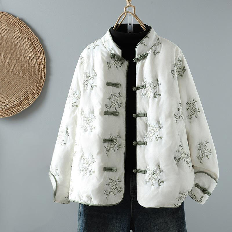 Buddha Stones Women's Embroidery Frog-button Long Sleeve Cotton Thicken Jacket With Pockets - White - US14,UK/AU18,EU46 (2XL) - image 1