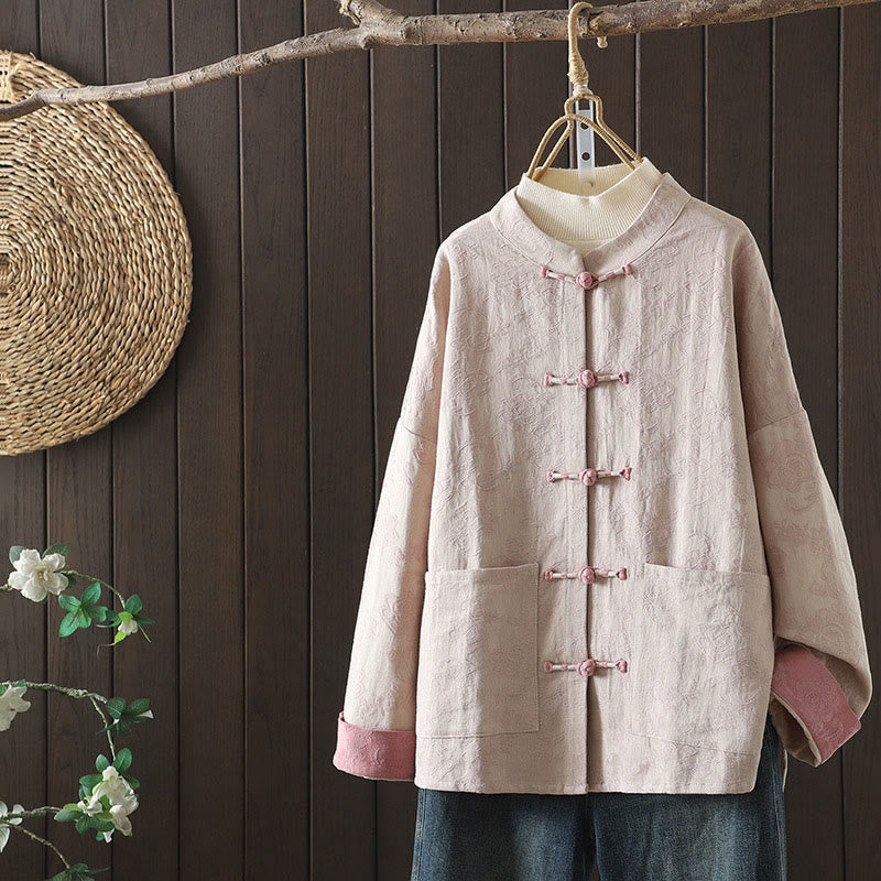 Buddha Stones Casual Women's Flower Pattern Long Sleeve Stand Collar Cotton Shirt - LavenderBlush - US14,UK/AU18,EU46 (2XL) - image 0