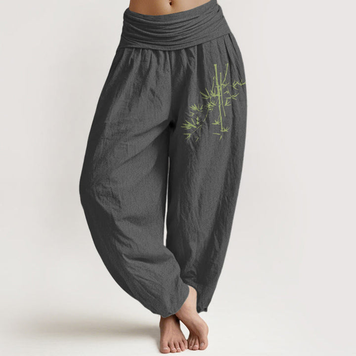 Buddha Stones Bamboo Stems Leaves Pattern Women's Elastic Waist Harem Cotton Pants - DimGray - US22,UK/AU26,EU54 (6XL) - image 8