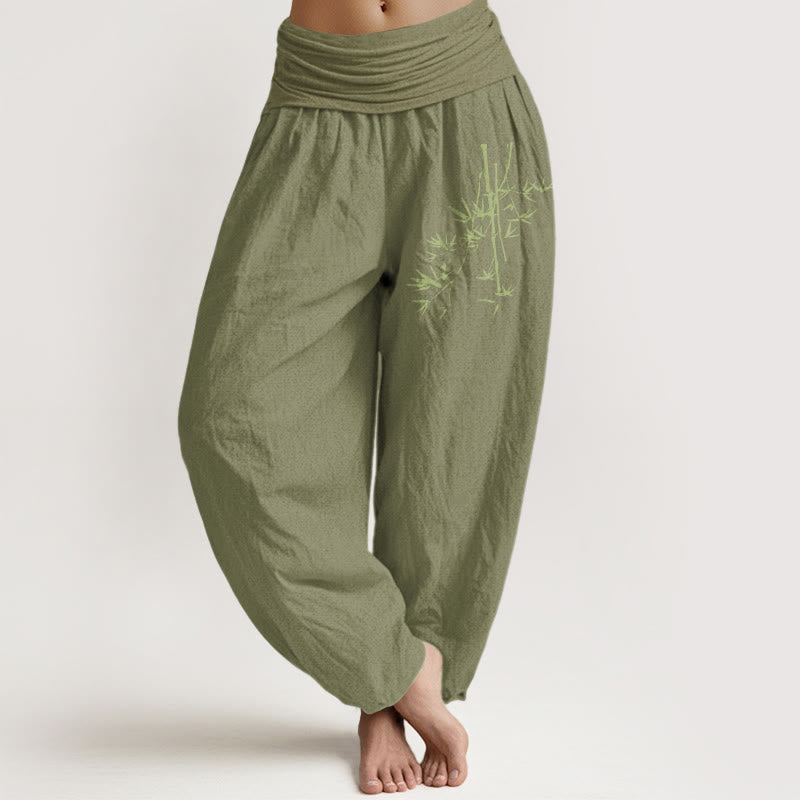 Buddha Stones Bamboo Stems Leaves Pattern Women's Elastic Waist Harem Cotton Pants - OliveDrab - US22,UK/AU26,EU54 (6XL) - image 14