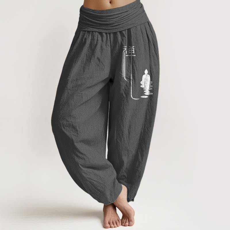 Buddha Stones Zen Buddhist Pattern Women's Elastic Waist Harem Cotton Pants - DimGray - US22,UK/AU26,EU54 (6XL) - image 8