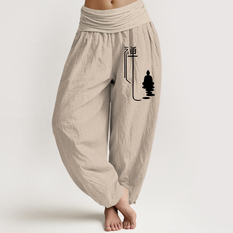 Buddha Stones Zen Buddhist Pattern Women's Elastic Waist Harem Cotton Pants - Tan - US22,UK/AU26,EU54 (6XL) - image 11