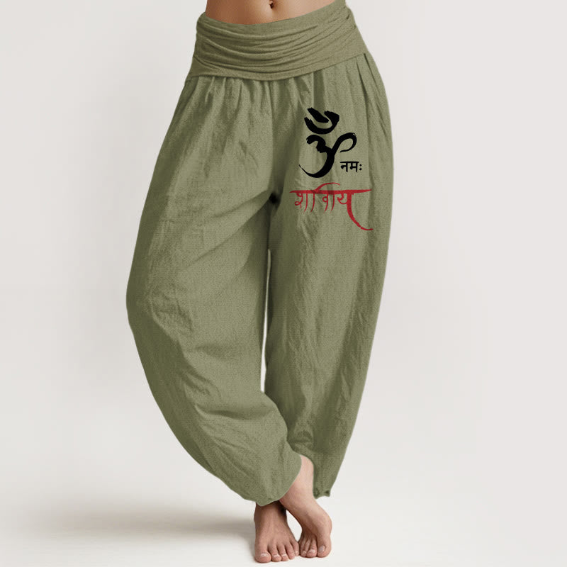 Buddha Stones Om Spells Pattern Women's Elastic Waist Harem Cotton Pants - OliveDrab - US22,UK/AU26,EU54 (6XL) - image 0
