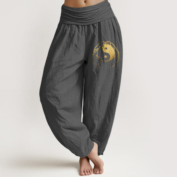 Buddha Stones Yin Yang Hand Pattern Women's Elastic Waist Harem Cotton Pants - DimGray - US22,UK/AU26,EU54 (6XL) - image 8