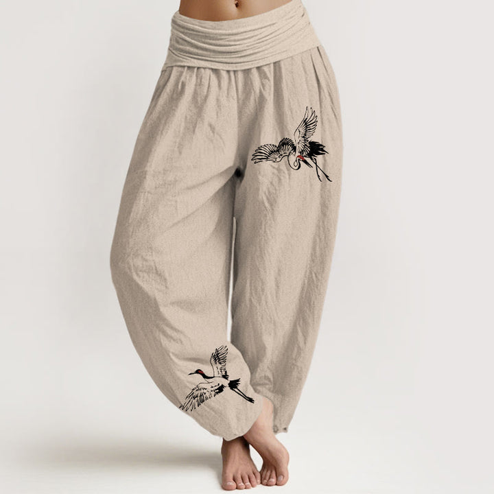 Buddha Stones Flying Red-crowned Cranes Pattern Women's Elastic Waist Harem Cotton Pants - Tan - US22,UK/AU26,EU54 (6XL) - image 11