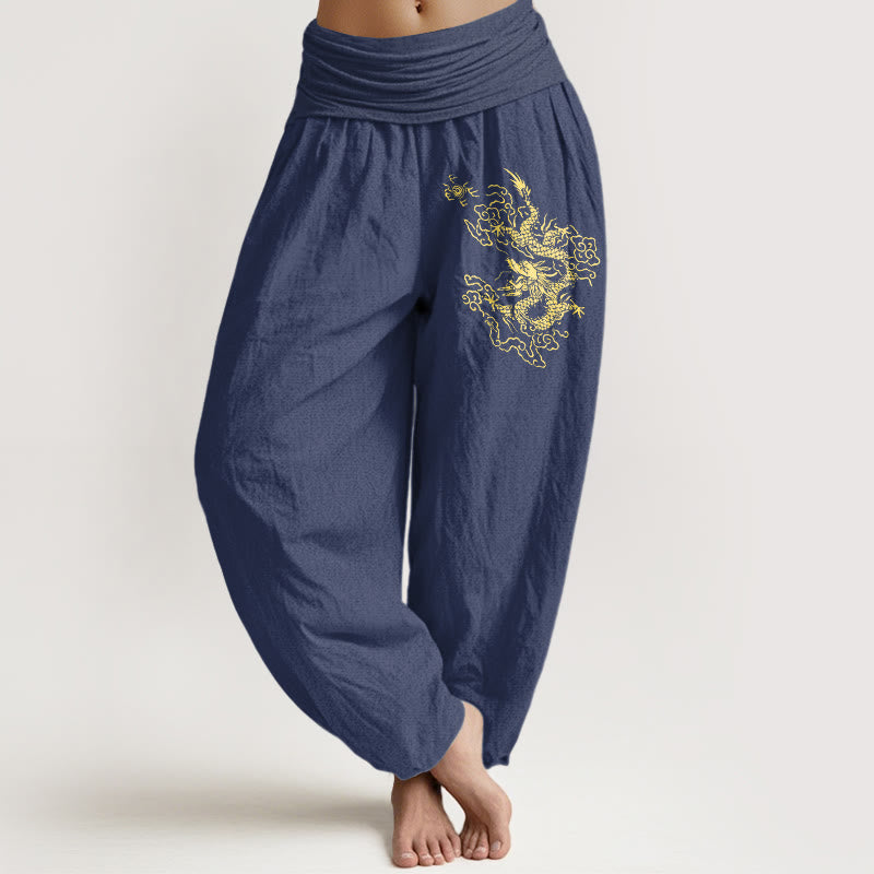 Buddha Stones Golden Dragon Print Pattern Women's Elastic Waist Harem Cotton Pants - DarkSlateBlue - US22,UK/AU26,EU54 (6XL) - image 5