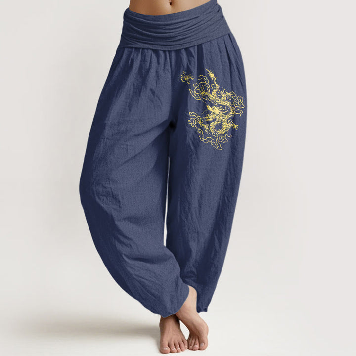 Buddha Stones Golden Dragon Print Pattern Women's Elastic Waist Harem Cotton Pants - DarkSlateBlue - US22,UK/AU26,EU54 (6XL) - image 5