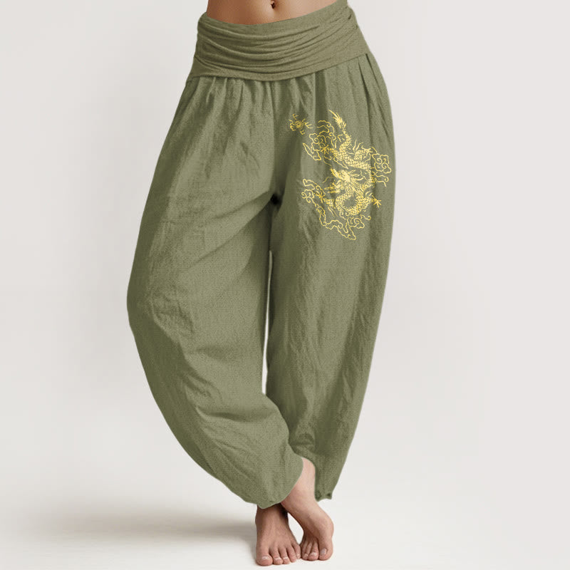 Buddha Stones Golden Dragon Print Pattern Women's Elastic Waist Harem Cotton Pants - OliveDrab - US22,UK/AU26,EU54 (6XL) - image 14