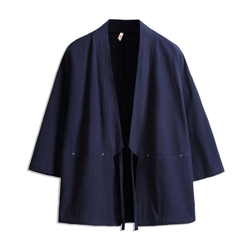 Buddha Stones Solid Color Lace-up Three Quarter Sleeve Open Front Jacket Men's Kimono - SteelBlue - US/UK/AU48,EU58(5XL) - image 0