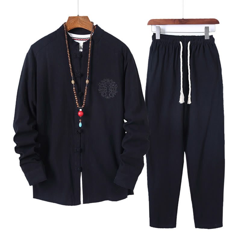Buddha Stones 2Pcs Solid Color Men's Frog-Button Long Sleeve Cotton Shirt Pants Set With Pockets - Black - US/UK/AU46,EU56 (5XL) - image 0