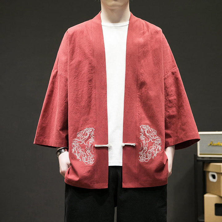 Buddha Stones Solid Auspicious Clouds Open Front Long Sleeve Jacket Men's Cotton Kimono - Tomato - US/UK/AU46,EU56 (5XL) - image 7