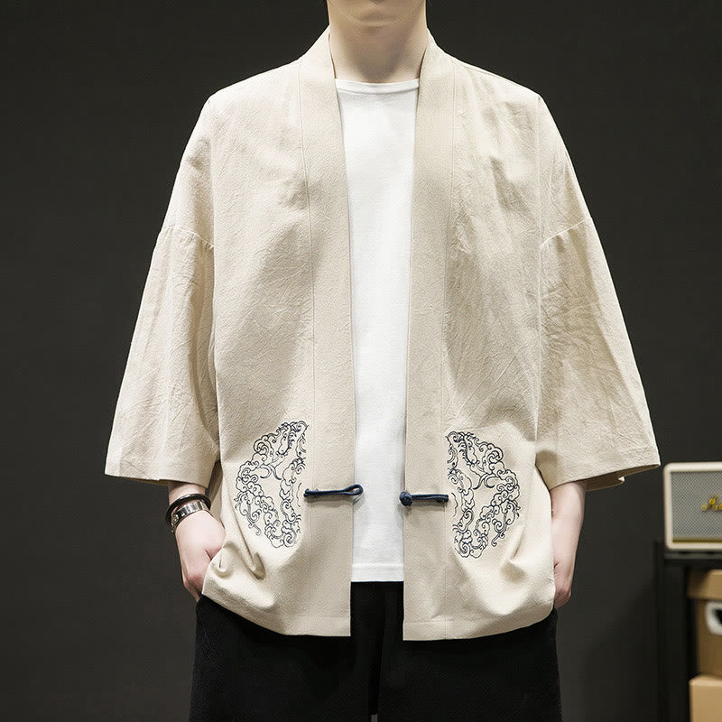 Buddha Stones Solid Auspicious Clouds Open Front Long Sleeve Jacket Men's Cotton Kimono - Cornsilk - US/UK/AU46,EU56 (5XL) - image 3