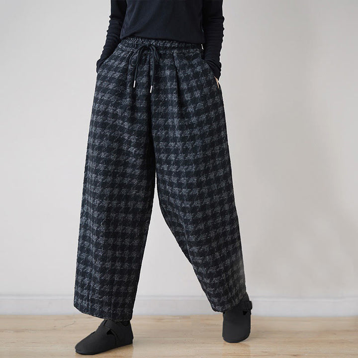 Buddha Stones Women's Winter Black Gray Plaid Pattern Cotton Fleece-Lined Pants With Pockets - Black - US8-10,UK/AU12-14,EU40-42 (2XL) - image 0