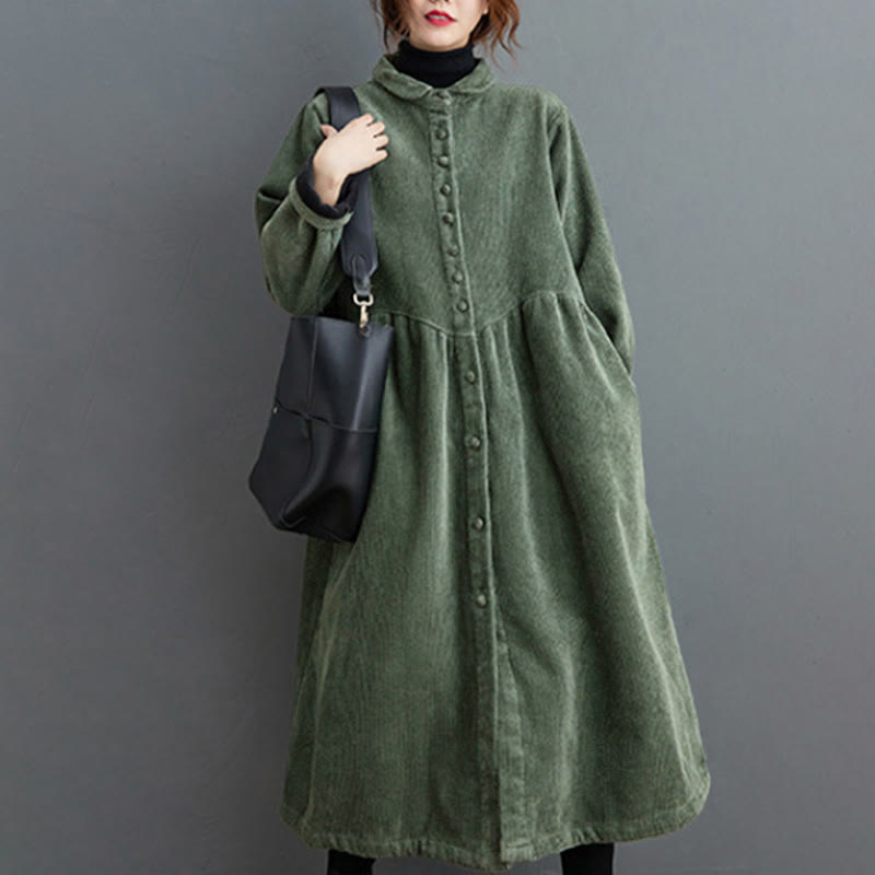 Buddha Stones Plain Buttons Long Sleeve Women's Cotton Corduroy Fleece-Lined Coat With Pockets - SeaGreen - US8-10,UK/AU12-14,EU40-42 (2XL) - image 9