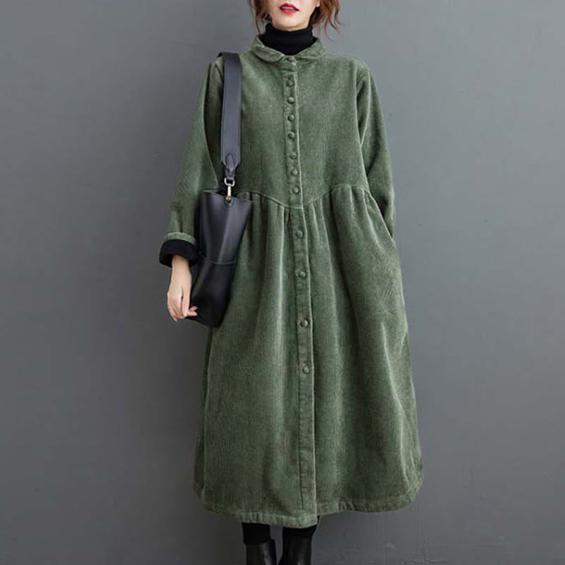 Buddha Stones Plain Buttons Long Sleeve Women's Cotton Corduroy Fleece-Lined Coat With Pockets - image 10