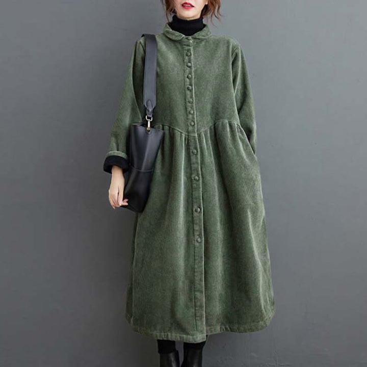 Buddha Stones Plain Buttons Long Sleeve Women's Cotton Corduroy Fleece-Lined Coat With Pockets - image 10