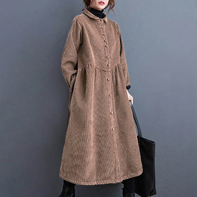 Buddha Stones Plain Buttons Long Sleeve Women's Cotton Corduroy Fleece-Lined Coat With Pockets - image 24