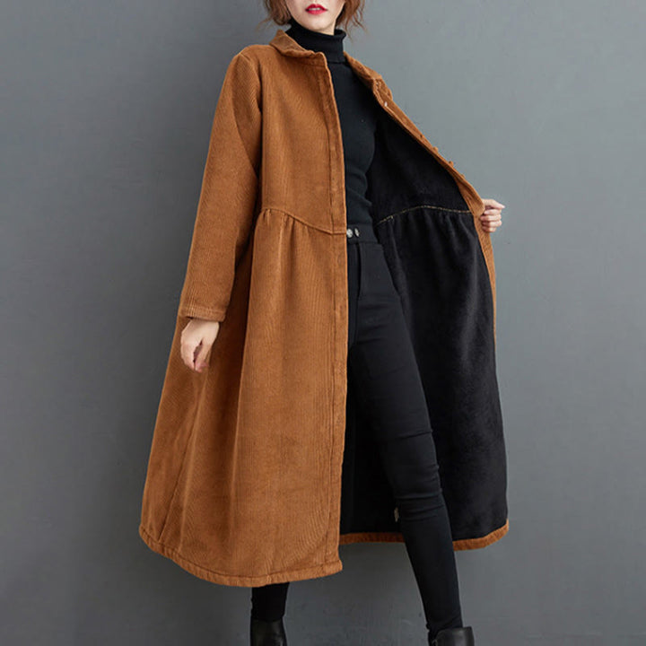 Buddha Stones Plain Buttons Long Sleeve Women's Cotton Corduroy Fleece-Lined Coat With Pockets - image 21