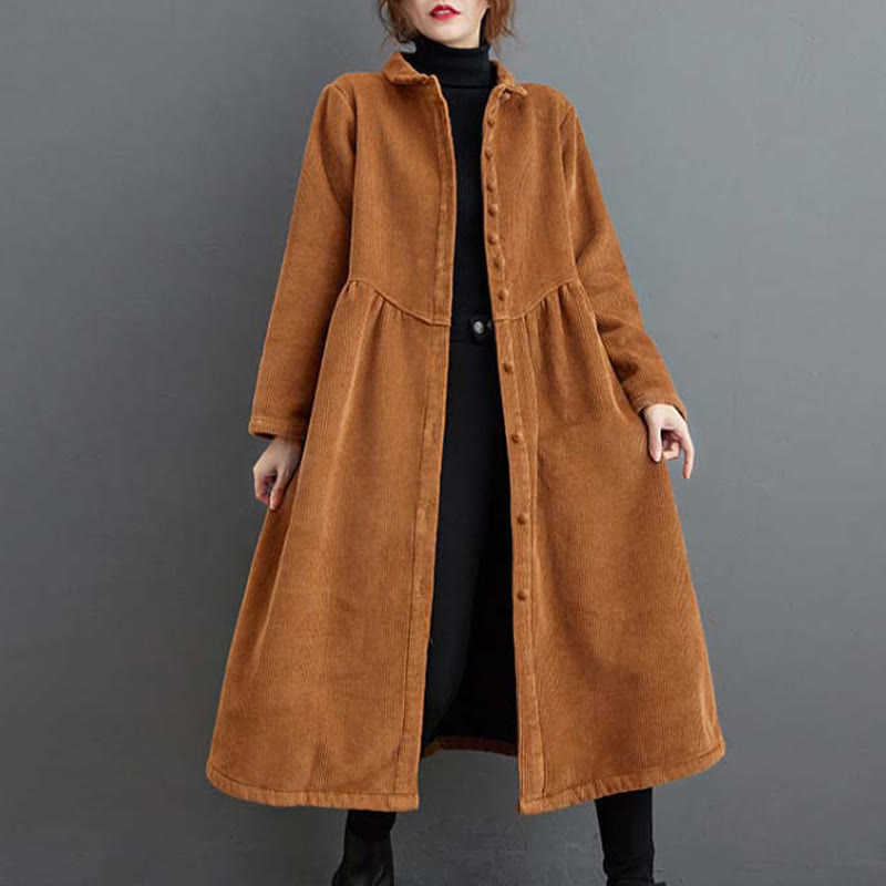 Buddha Stones Plain Buttons Long Sleeve Women's Cotton Corduroy Fleece-Lined Coat With Pockets - Peru - US8-10,UK/AU12-14,EU40-42 (2XL) - image 16