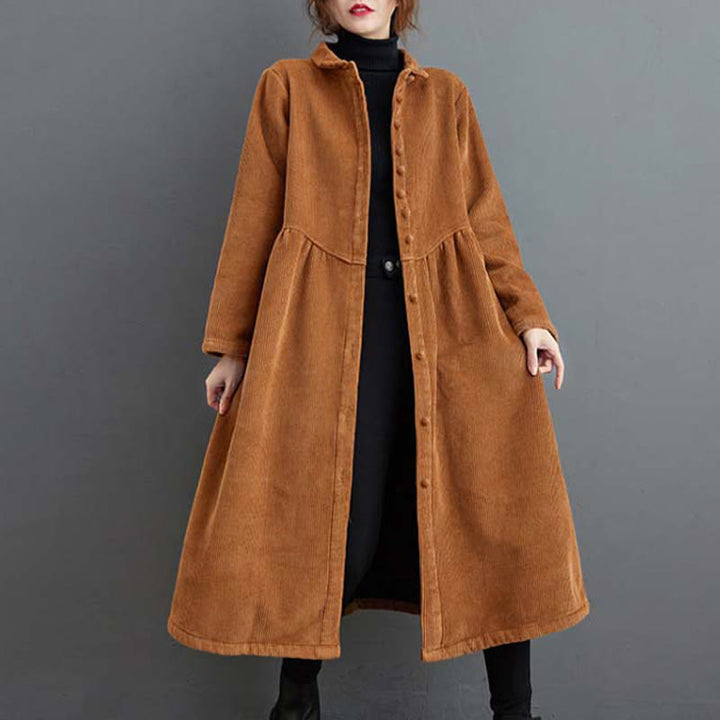 Buddha Stones Plain Buttons Long Sleeve Women's Cotton Corduroy Fleece-Lined Coat With Pockets - Peru - US8-10,UK/AU12-14,EU40-42 (2XL) - image 16