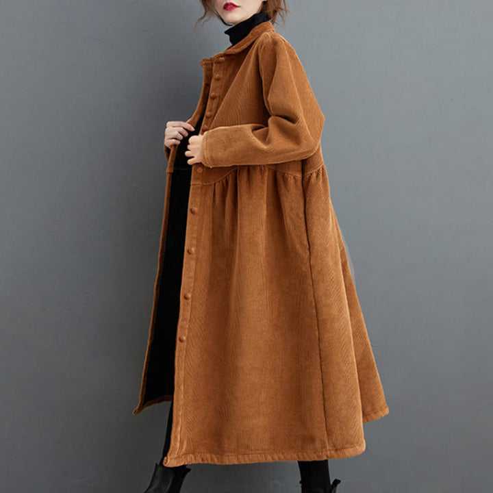 Buddha Stones Plain Buttons Long Sleeve Women's Cotton Corduroy Fleece-Lined Coat With Pockets - image 20