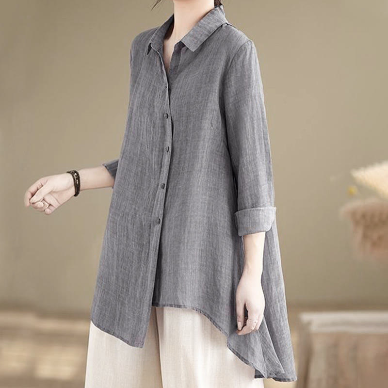 Buddha Stones Irregular Design Buttons Long Sleeve Women's Cotton Shirt - Gray - US12,UK/AU16,EU44 (3XL) - image 0