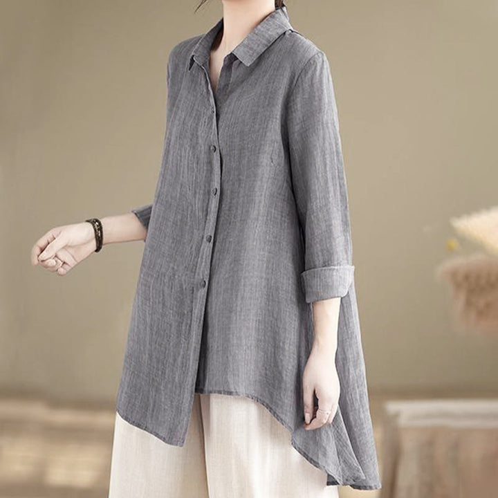Buddha Stones Irregular Design Buttons Long Sleeve Women's Cotton Shirt - Gray - US12,UK/AU16,EU44 (3XL) - image 0