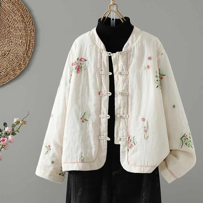 Buddha Stones Flower Embroidery Women's Long Sleeve Cotton-padded Jacket With Pockets - Ivory - US8-10,UK/AU12-14,EU40-42 (2XL) - image 1