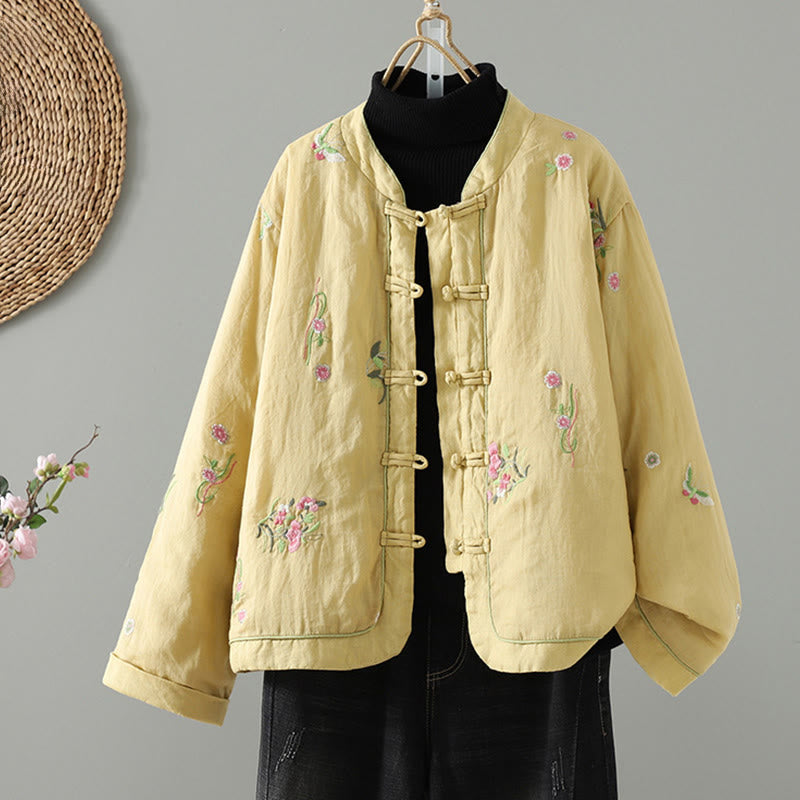 Buddha Stones Flower Embroidery Women's Long Sleeve Cotton-padded Jacket With Pockets - Khaki - US8-10,UK/AU12-14,EU40-42 (2XL) - image 12