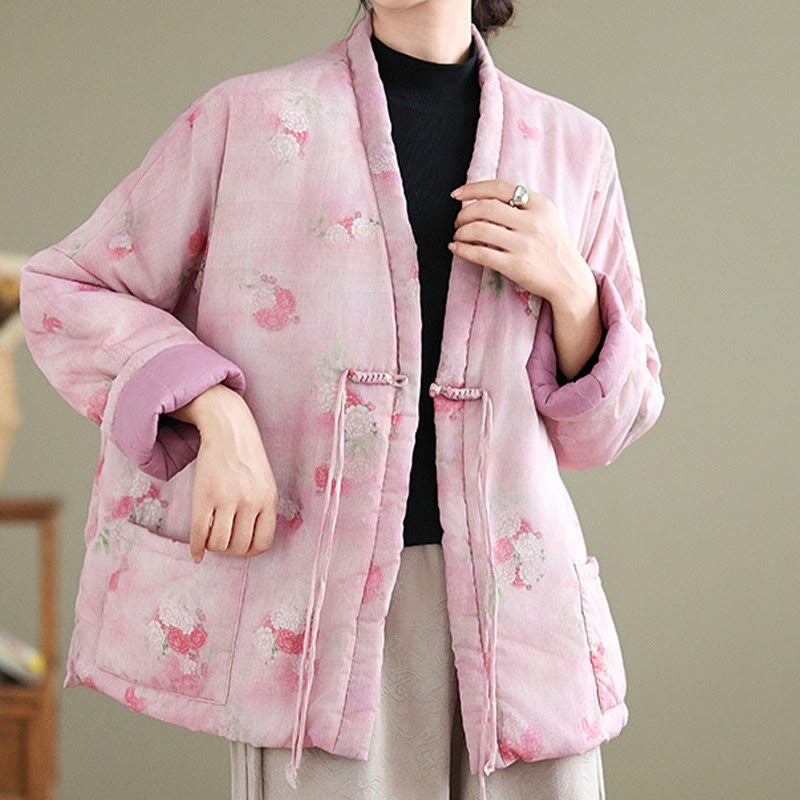 Buddha Stones Printed Flowers Women's Long Sleeve Cotton-padded Jacket With Pockets - Pink - US12,UK/AU16,EU44 (XL) - image 0