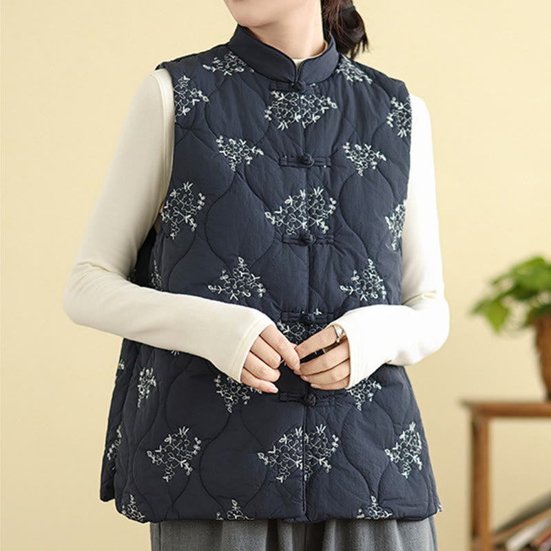 Buddha Stones Embroidered Frog-Button Women's Sleeveless Cotton Vest Waistcoat With Pockets - MidnightBlue - US8-10,UK/AU12-14,EU40-42 (2XL) - image 0