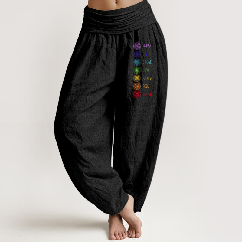 Buddha Stones Seven Chakras Print Pattern Women's Elastic Waist Harem Pure Cotton Pants - Black - US22,UK/AU26,EU54 (6XL) - image 0