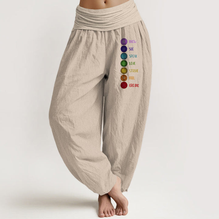 Buddha Stones Seven Chakras Print Pattern Women's Elastic Waist Harem Pure Cotton Pants - Tan - US22,UK/AU26,EU54 (6XL) - image 11