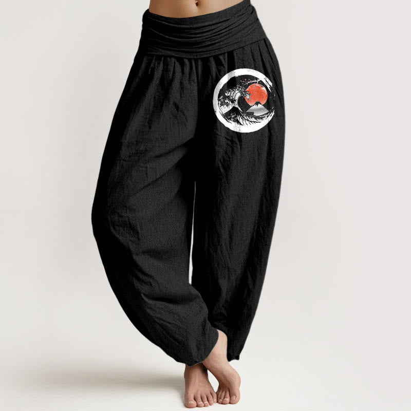 Buddha Stones Wave Sun Mountains Pattern Women's Elastic Waist Harem Pure Cotton Pants - Black - US22,UK/AU26,EU54 (6XL) - image 0