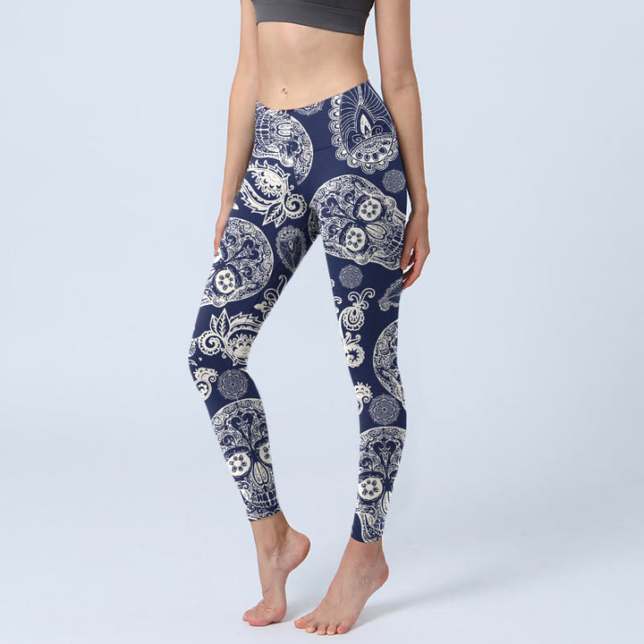 Buddha Stones Paisley Plant Skull Pattern Gym Leggings Women's Yoga Pants - Navy - US18,UK/AU22,EU50 (4XL) - image 0